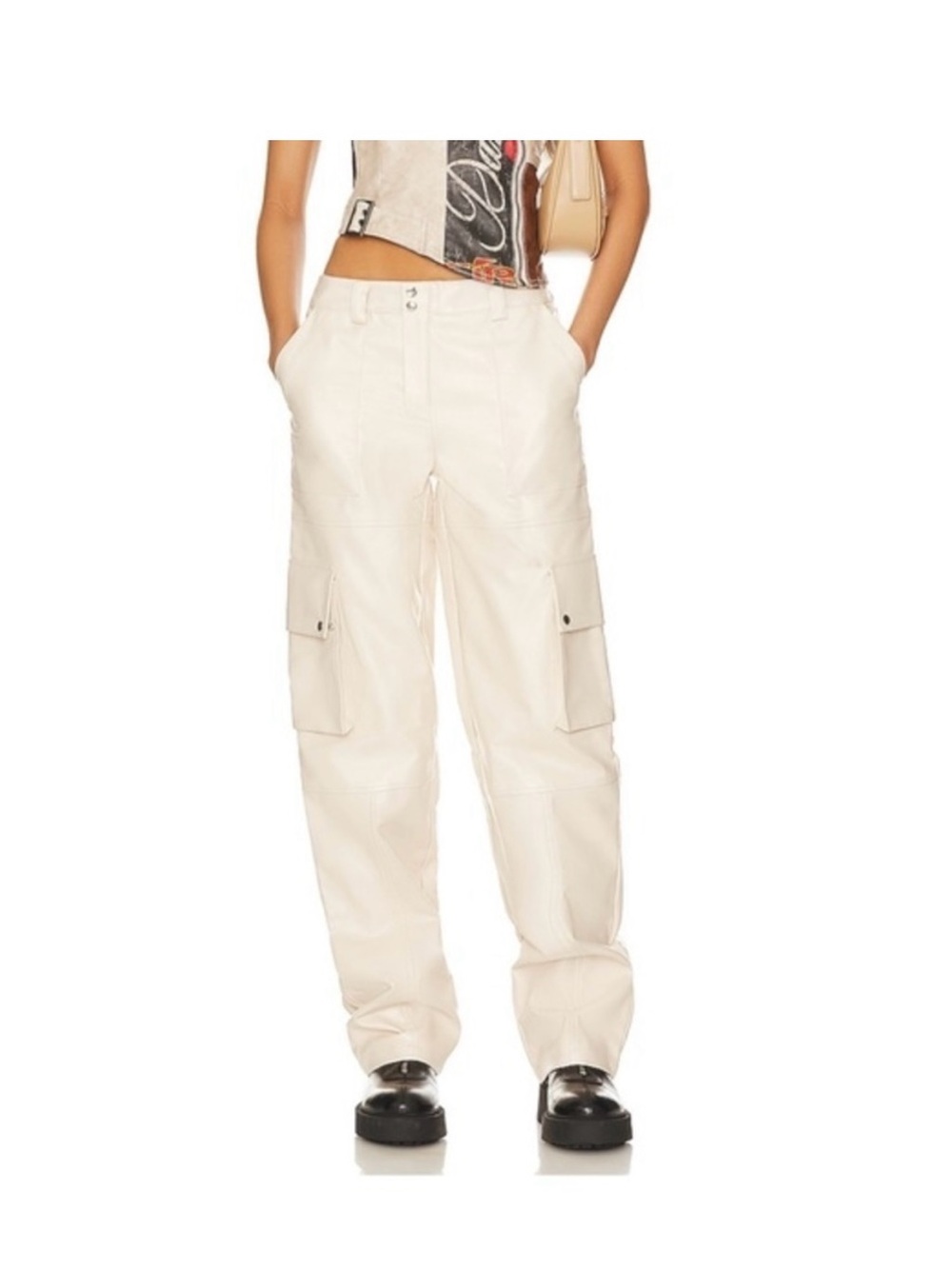 Lovers & Friends Faux leather Light Cream Cargo Pants for Women - Relaxed Fit